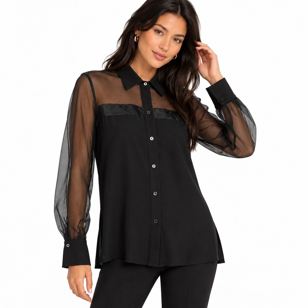 Shan Sheer Mesh Sleeve Button Down Shirt Women 6 Black Silk Luxury Contemporary